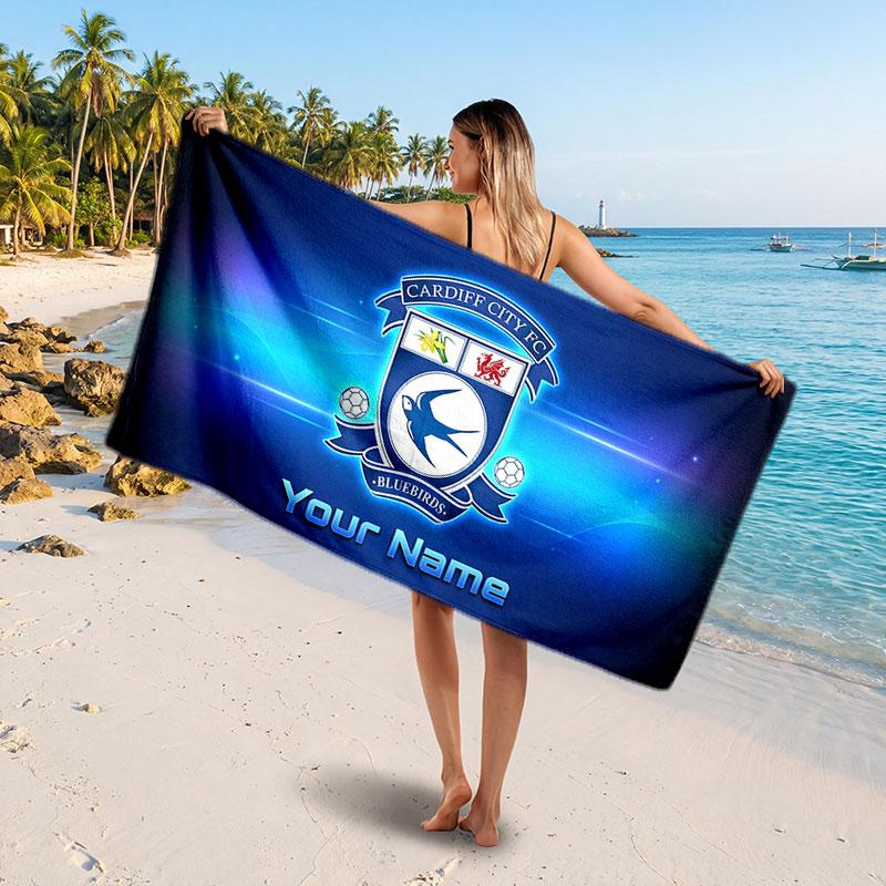 Cardiff City Custom Beach Towel, Personalized Name Text Print, Football Logo Soft Quick‑Dry Towel Holiday Gift