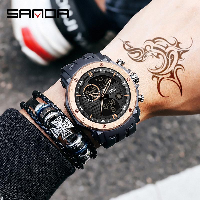 Relógio Esportivo Luminoso Multifunção com Duplo Display Masculino Sanda - À Prova d'Água e Ideal para Aventuras ao Ar Livre