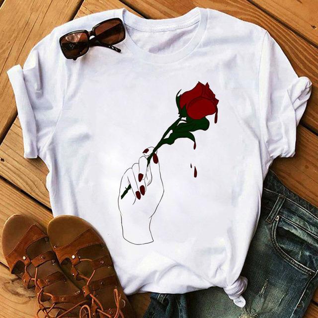 Fashion Women T Shirt Red Rose Flower Printed T-Shirt Harajuku Short Sleeve Tops Female Ladies Cute Graphic Tee Shirts T-Shirt