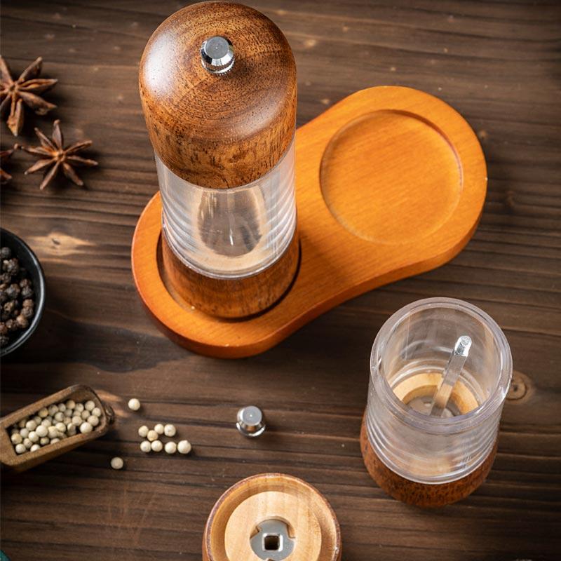6/8Inch Manual Salt and Pepper Grinder,Solid Wood Spice Shaker Mill Tool With Base,Adjustable Ceramic Core Grinder Kitchen Tools