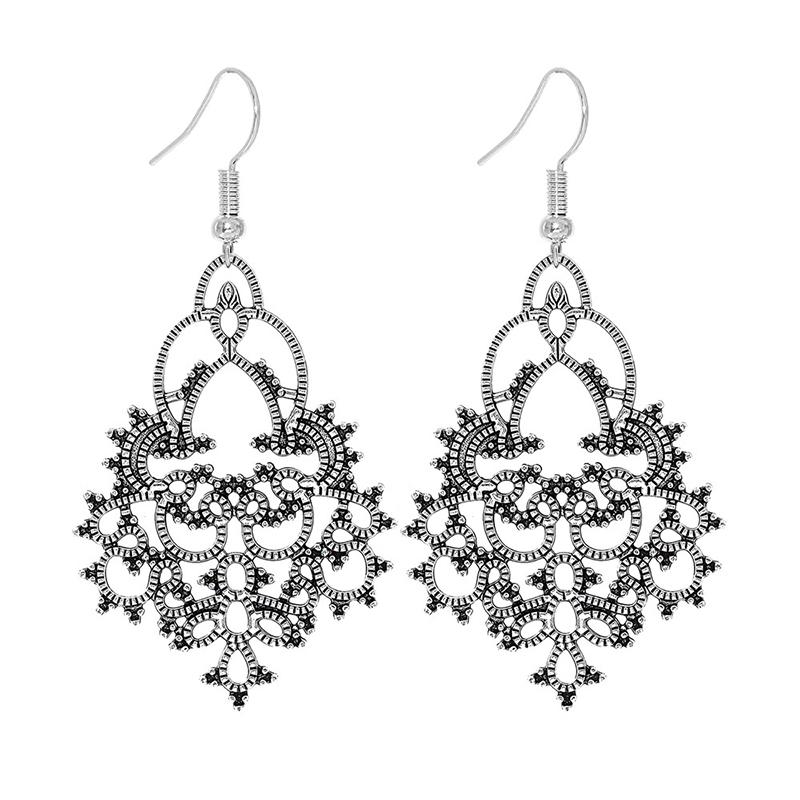 Fashion Vintage Tibetan Silver Carving Round Geometric Flower Drop Earrings Woman Retro Ethnic Boho Long Dangle Female Earrings