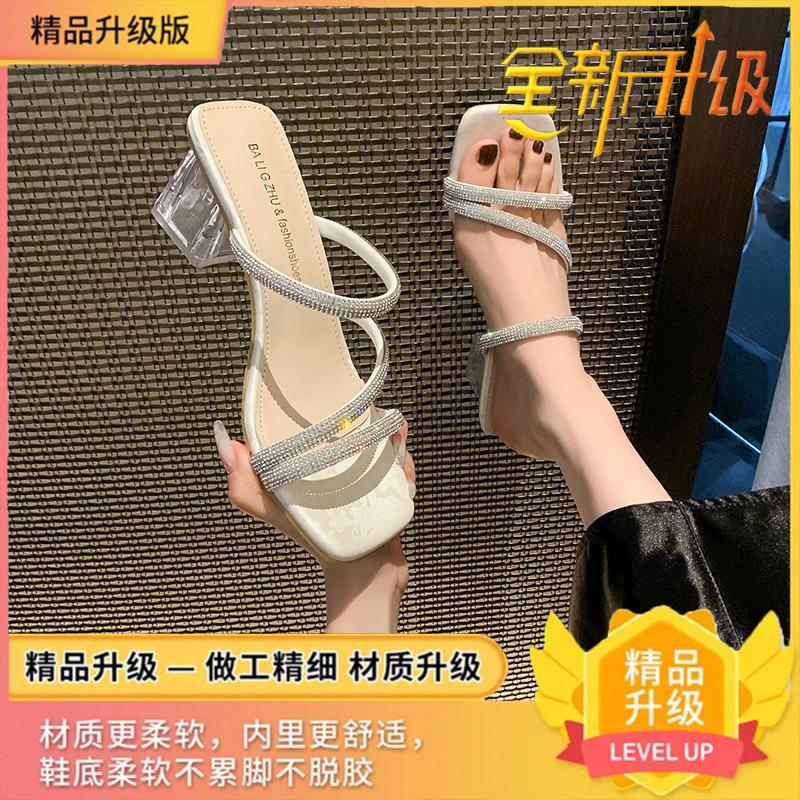 

Босоножки на высоком каблуке со стразами для девочки 2025 весна новинка уличная французская прозрачная юбка хрустальный толстый каблук сказочные шлепанцы 40