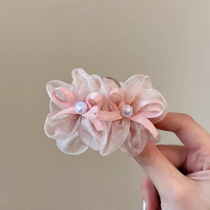 Retro Mesh Double Flower Hair Clip for Woman Sweet Pearl Bow Shark Clip Fashionable Girl's Back Head Hair Clamp