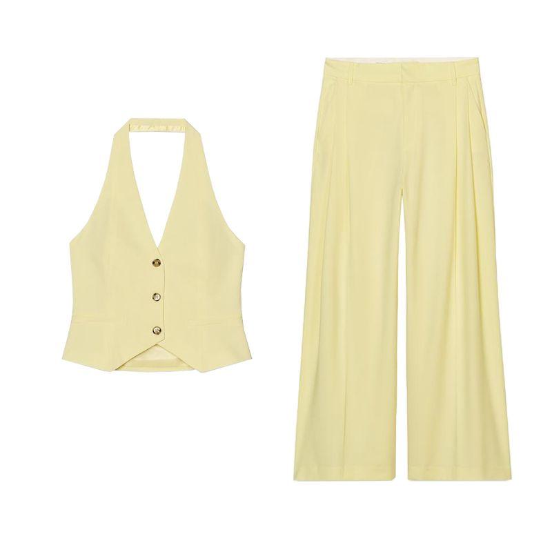 Hanging Collar Vest-Style Tops Vest 2010832 Pairs of Pleated High Waist Simple Graceful Casual Pants 4661428