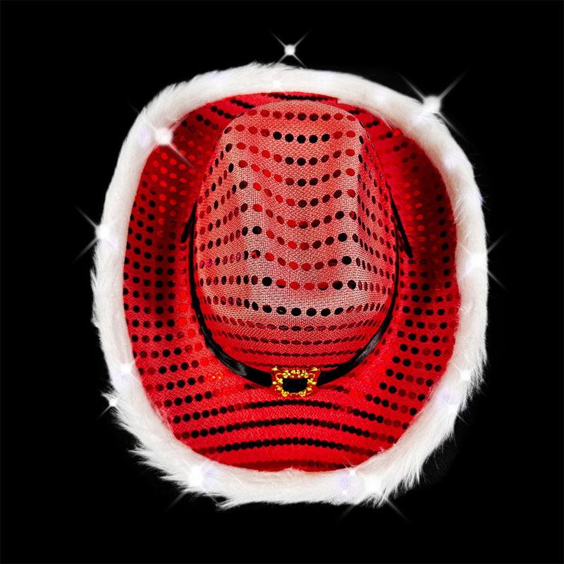 Red Sequin with White LED Light Cowboy Hat Santa Claus Black Ribbon Gold Buckle Western Top Hat with Light Hat