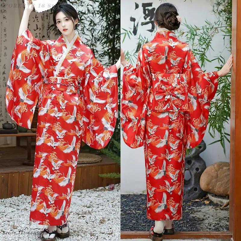 Robe Kimono Japonais Costume de Performance Cosplay Femmes Kimonos Bleus Vintage Style Asiatique Yukata Sexy avec Obi Robes Geisha Imprimées