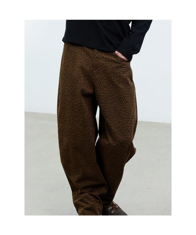 Saendeusaundeu (Unisex) Leopard Wide Oval Elastic Waist Pants Brown