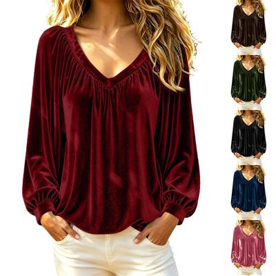 Women's V-Neck Long Sleeve Top Casual Basic Blouse for Fall Winter Spring Everyday Wear