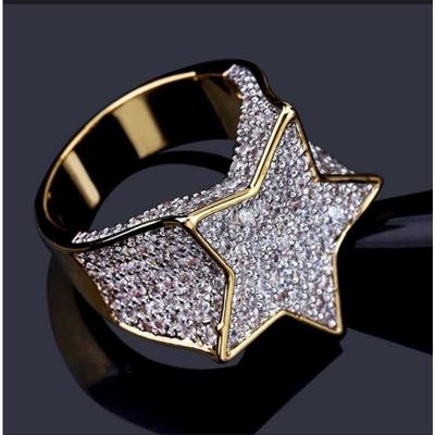 American Popular Five-pointed Star Men's Ring Plated with Micro-inlaid Synthetic Zircon Hip-hop Hipster Ring Jewelry