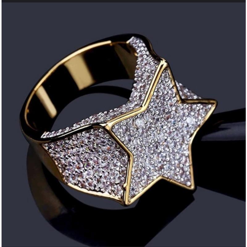 American popular five-pointed star men's ring plated with micro-inlaid synthetic zircon hip-hop hipster ring jewelry