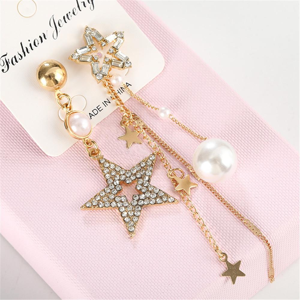 Cercei Asimetrici Stea Zircon Super Sclipitori, Cercei Lungi cu Ciucuri Temperamentali, Cercei Stud Coreeni Cristal Perlă.