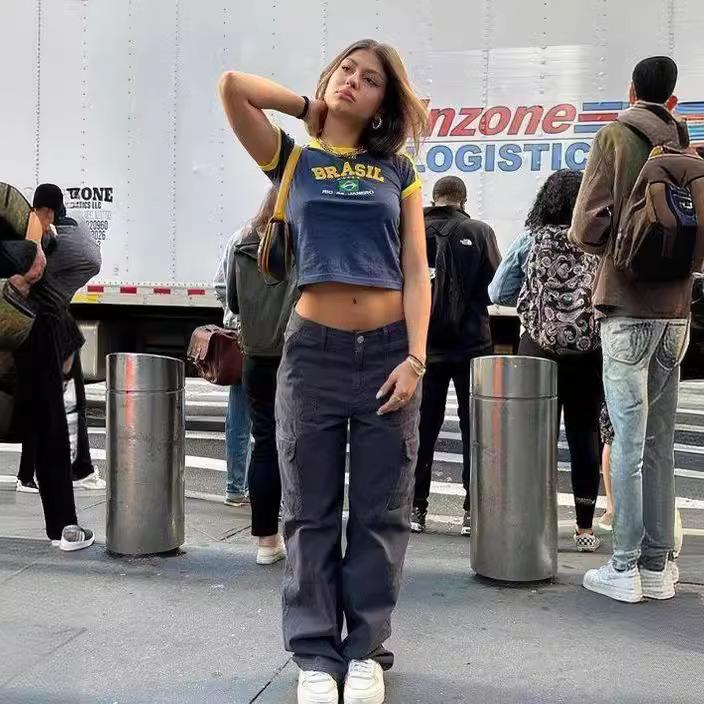 Crop Top Donna Girocollo Manica Corta Vestibilità Aderente Stampa Lettere Brasile T-Shirt Y2K Streetwear Top Base