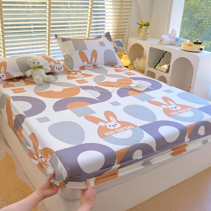 Cartoon Style Rabbit Fitted Sheet Set Skin-friendly Breathable Non-slip Bed Cover with 2 Pillowcases Bedding Set for Boys Girls