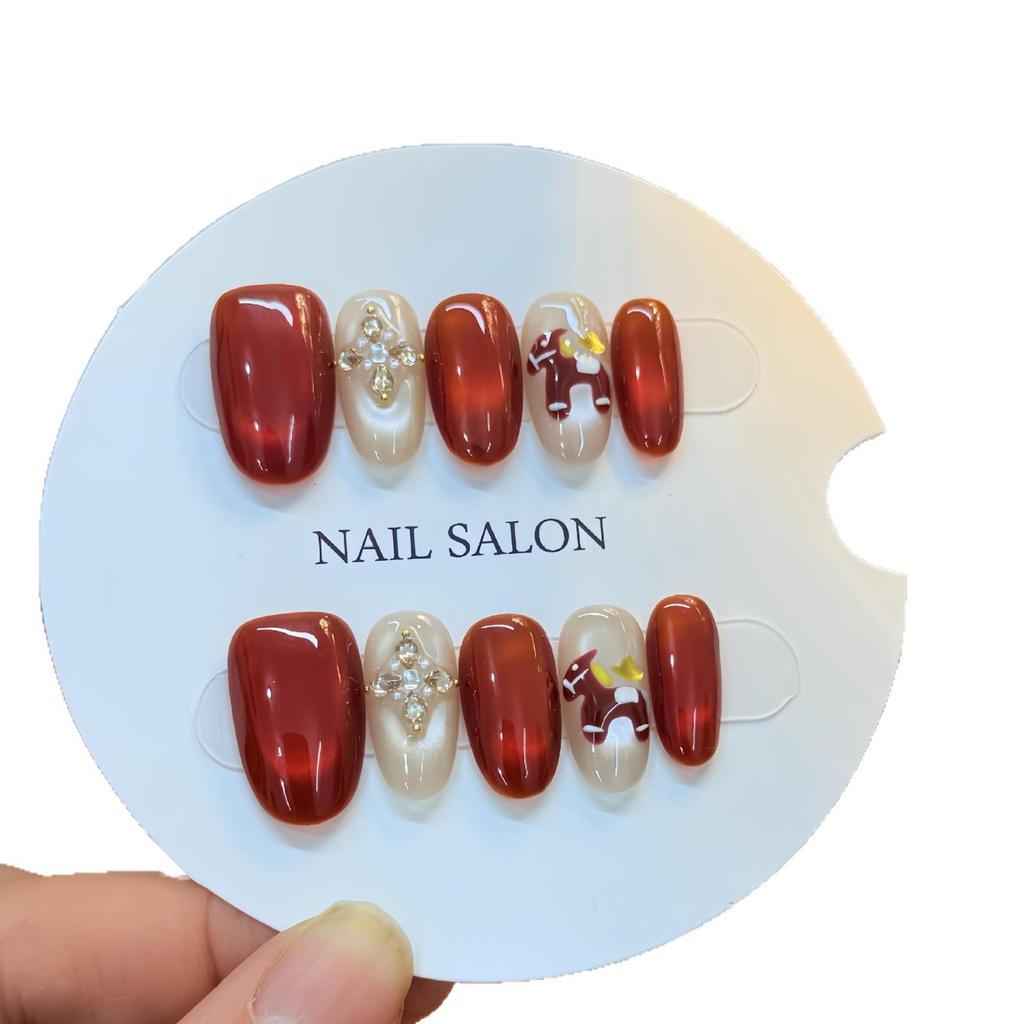 Instantly Rich Red Handmade Press-On Nails: Elegant Wedding & Festive New Year Nail Art for a Beautiful Complexion.