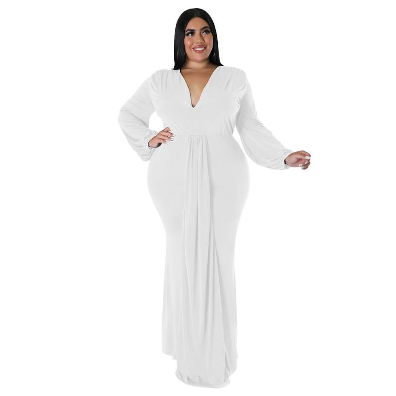 Plus Size Black Deep V Neck Long Sleeve Ruched Bodycon Maxi Dress