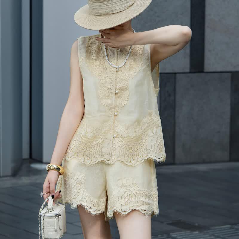 Lanser Women's Linen Blend Embroidered Lace Vest