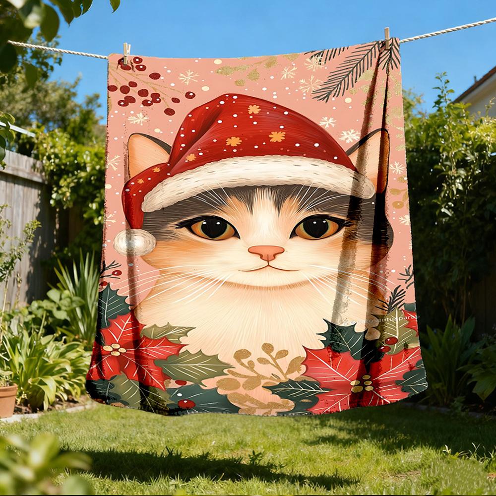 1pc Christmas Cat Decorations Outdoor Flannel Blanket , Machine Washable Perfect Gift for Birthday , Holiday Travel Accessory , Durable Material