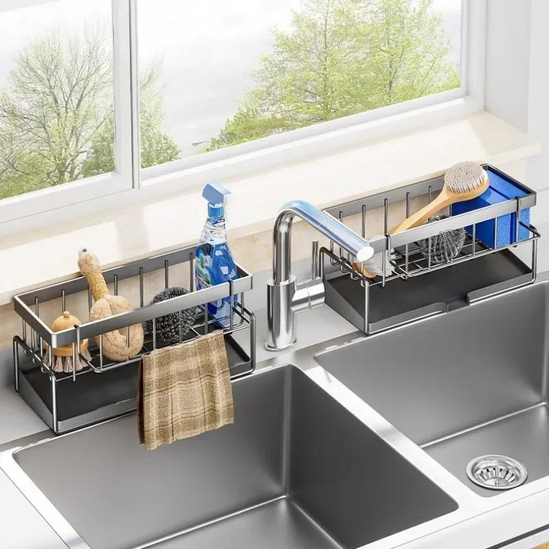 Carbon Steel Self-draining Sink Shelf Soap Sponge Holder Dishcloth Towel Rack Filter Basket Kitchen Sink Drain Rack Organizer