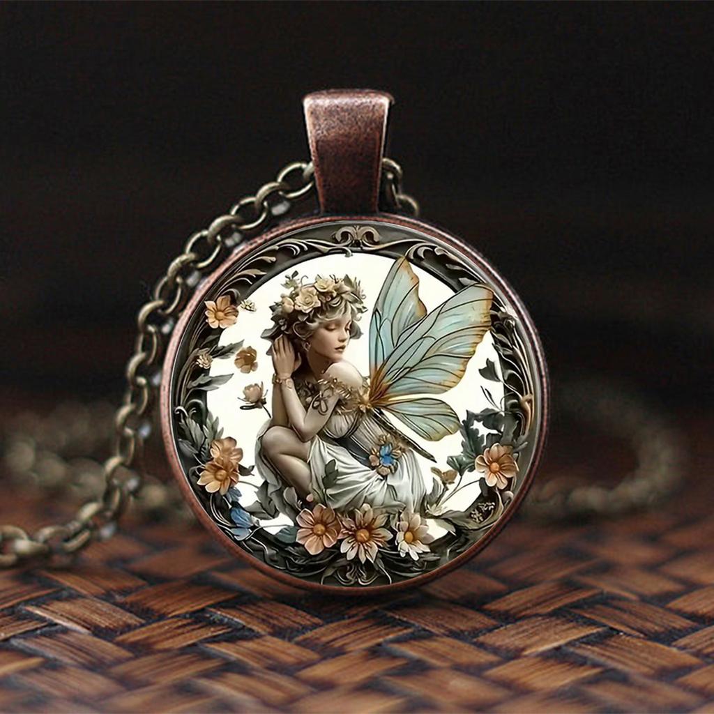 A retro style angel fairy round pendant fantasy flower fairy time gem pendant necklace suitable for daily wear