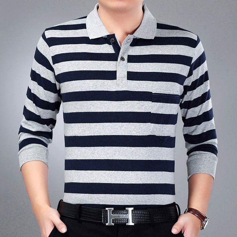 Moda Hombre Nuevo Negocios Camisas Polo Rayadas Coreano Primavera Otoño Casual Manga Larga Solapa Bolsillos Ropa Masculina Algodón Tops 2025