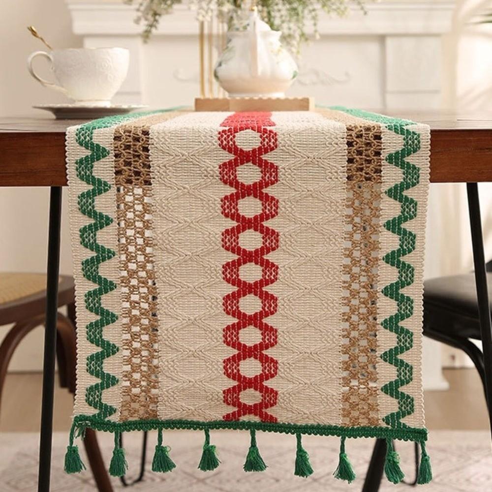 Rustic Style Knitted Hollow-out Table Runner Splicing Farmhouse Tablecloth  Dining Table