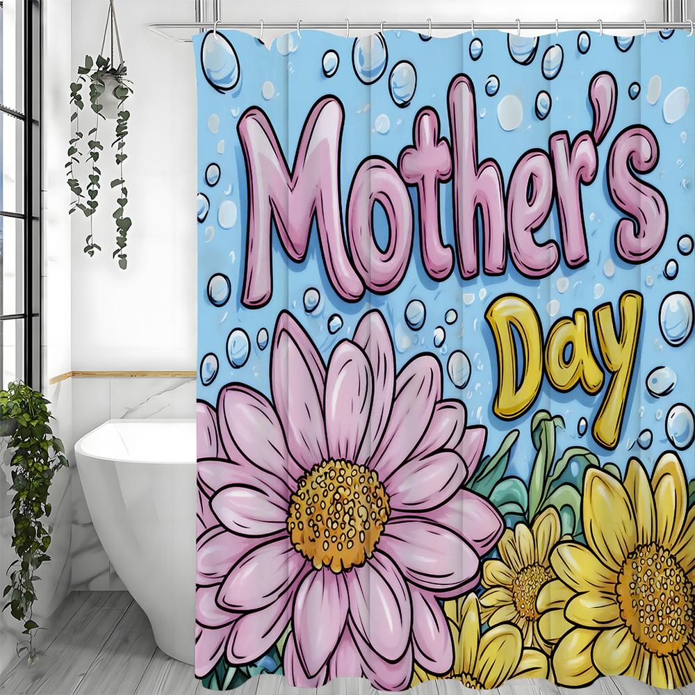 Mother's Day Cartoon Flower Shower Curtain, Bathroom Decorative Shower Curtain, Waterproof Shower Curtain with Hooks