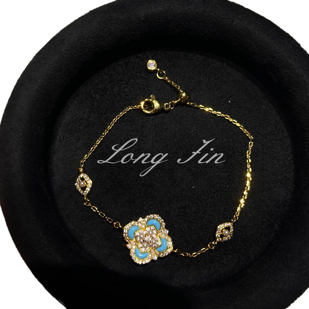 Light Luxury Retro Court Style Turquoise Imitation Pearl Four-Leaf Clover Necklace Bracelet Ring Light Luxury High-End Set
