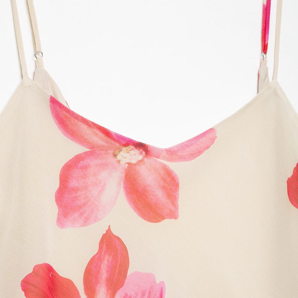 Summer new French European and American style flower print sleeveless pleated Midi suspender dress