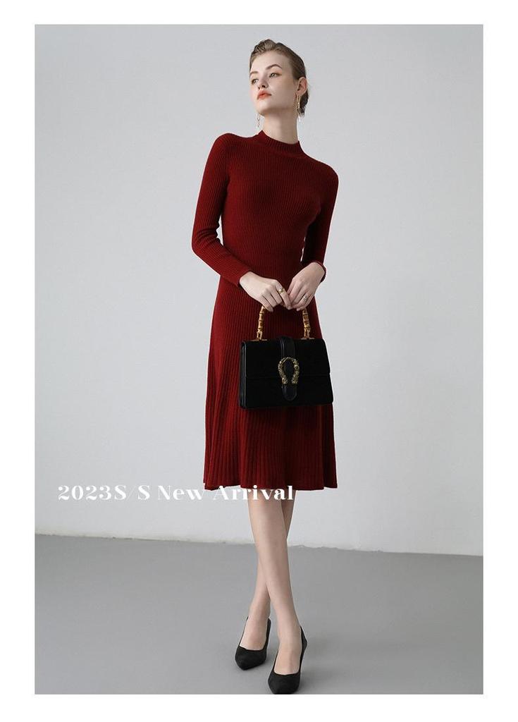 Women's Slim-Fit Over-the-Knee Cashmere Sweater Dress with Half-High Collar and Long Sleeves for Autumn-Winter.