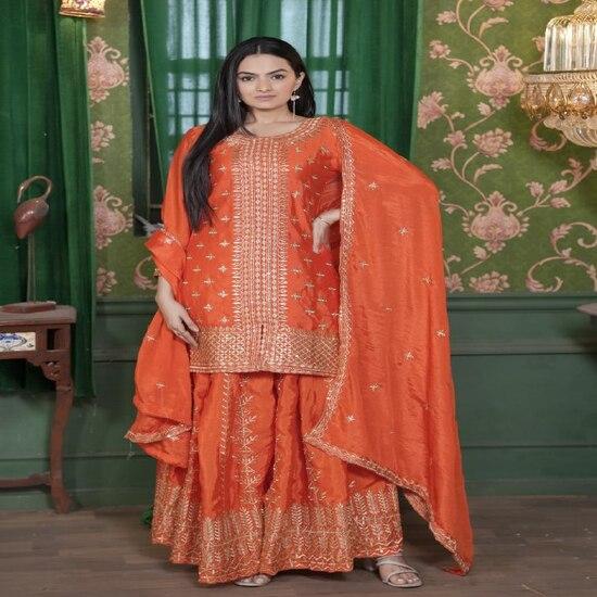 Ensemble Sharara Brodé Orange Tendance
