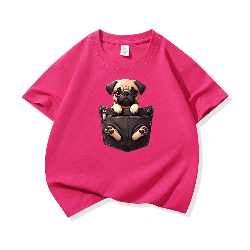 Kids Cotton T Shirt Cute Pocket Pug Puppy Dog Graphic Crew Neck Short Sleeve Tee Casual Breathable Boys Girls Summer Tops