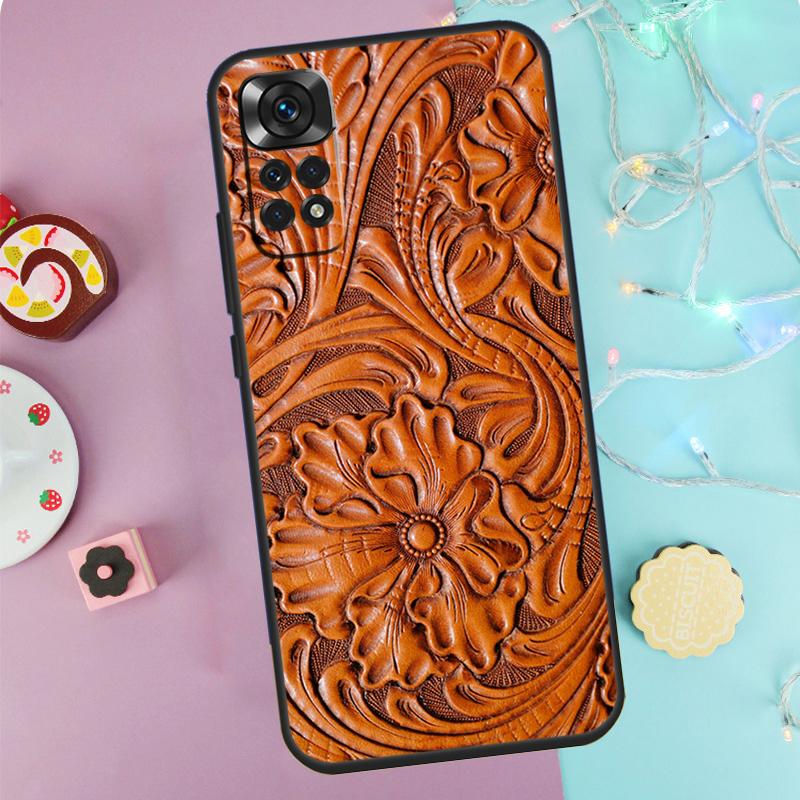 Brown Hand Tooled Western Case For Xiaomi Redmi Note 14 13 12 11 10 9 Pro 9S 10S 11S 12S Redmi 10C 12C 13C 14C Cover