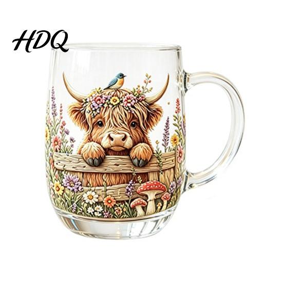 Durable Glass Drinkware 350ML Hand-painted Highland Cow Glass Cattle Coffee Mug Decorative Wine Glasses with Handle Heat-Resistant Tea Milk