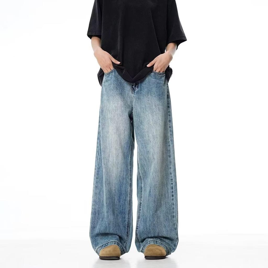 New retro washed cleanfit blue straight jeans trendy men's American wide-leg casual trousers