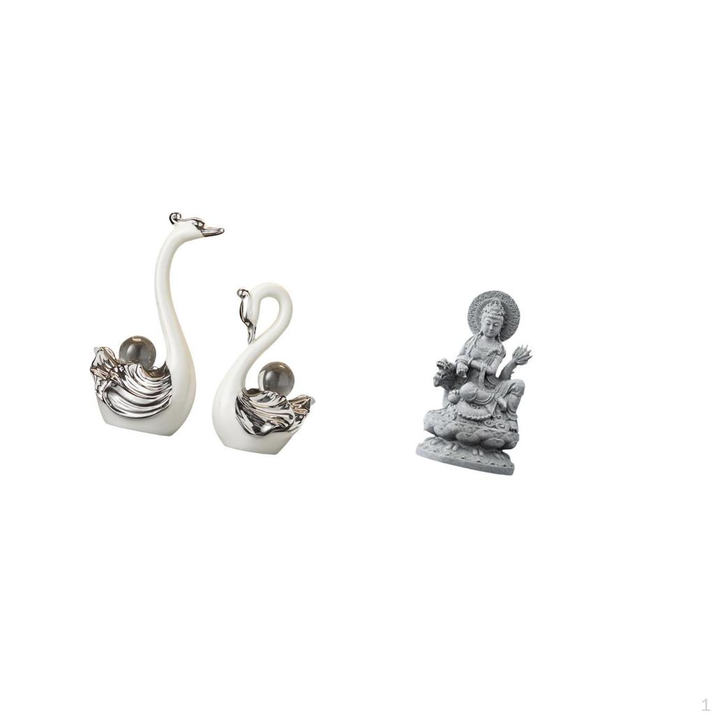 Porcelain Swan Figurine And Guan Yin Buddha Statue Collection Elegant Animal Female Sculpture