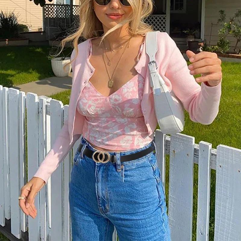 Silver Gold Double Ring Belts for Jeans Women Girls Fashion Waist Belt PU Metal Buckle Belt Leisure Dress Jeans Wild Waistband