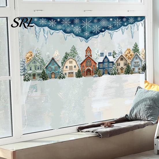 Weihnachtsfensterbilder Winterdorf Statische Aufkleber, Schneeflocke Schneemannhaus Partyzubehör Aufkleber, Abnehmbare Decals für Weihnachts-Schaufenster Haus