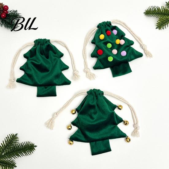 Decorative Party Favor Bags Christmas Tree Shaped Gift Bag, Reusable Drawstring Treat Goody with Pompoms Fabric Storage for Gifts Bells, Winter