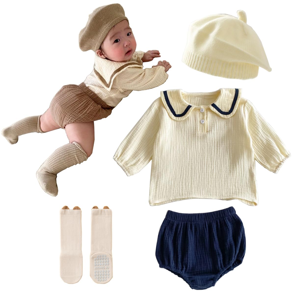 

Детский верх и низ в морском стиле, официальный храм, детский сад, парная памятная фотосессия [TUPOLILI] Комплект из 4 предметов, 100% хлопок, воротник, детский, тёмно-синий