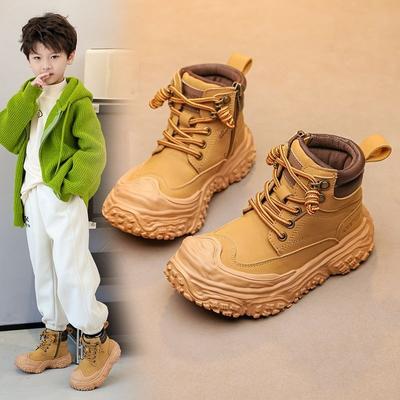 Kinderstiefel Mädchen Martin Stiefel Neue Herbst und Winter mit Fleece Stiefeletten Weiche Sohle Jungen Große gelbe Stiefel