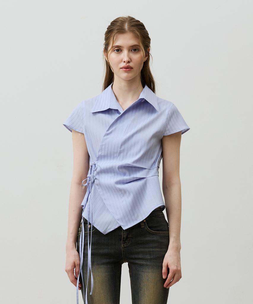 Alikim Eve Stripe Wrap Cap Sleeve Shirt / Sky Blue
