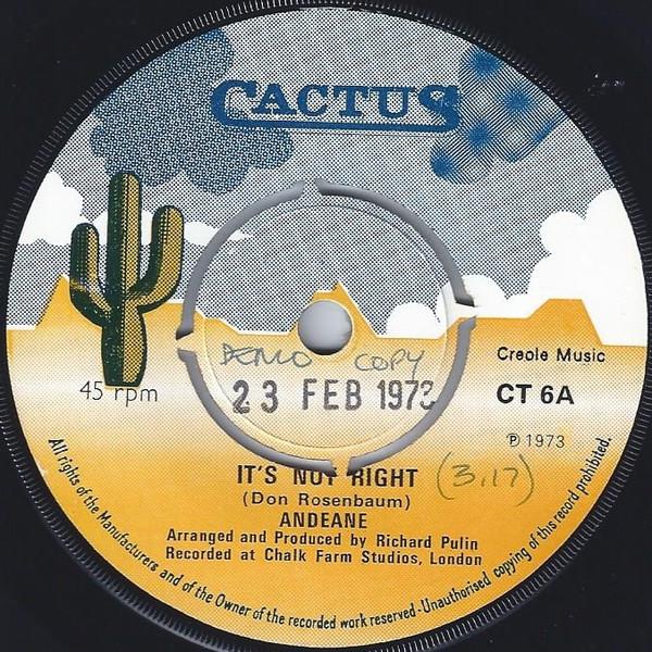 

7inch Record ANDEANE Its Not Right For You CT6 Cactus 1973 UK Pop Used