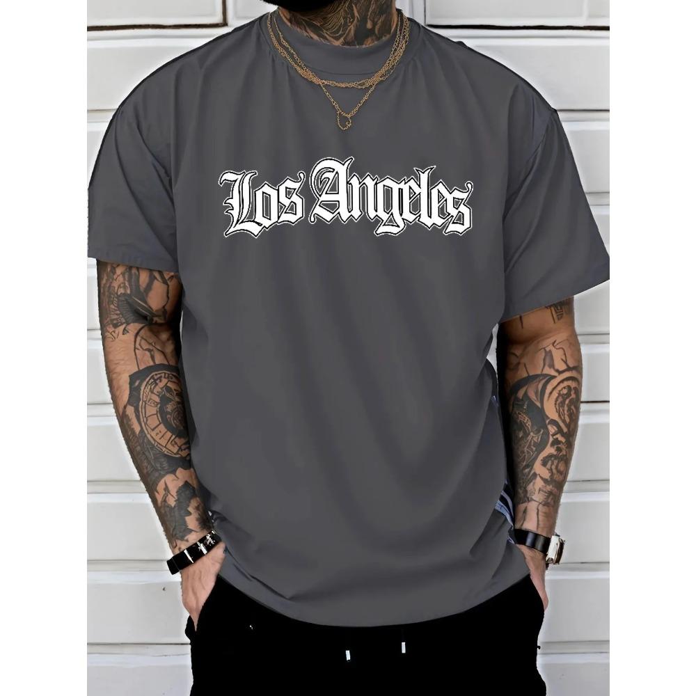 Men's Summer Fashion Los Angeles Letter Printed Pattern Breathable Round Neck T-shirt Outdoor Casual Sports Top