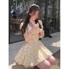 Style Temperament Bubble Sleeve Floral V-neck Lace-up Dress Summer New Waist Light Yellow Pleated Short Skirt