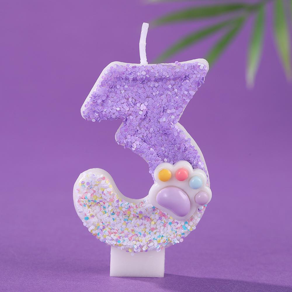 Dreamy Purple Gradient Cat Paw Number Candles - Creative Cartoon Cake Decorations