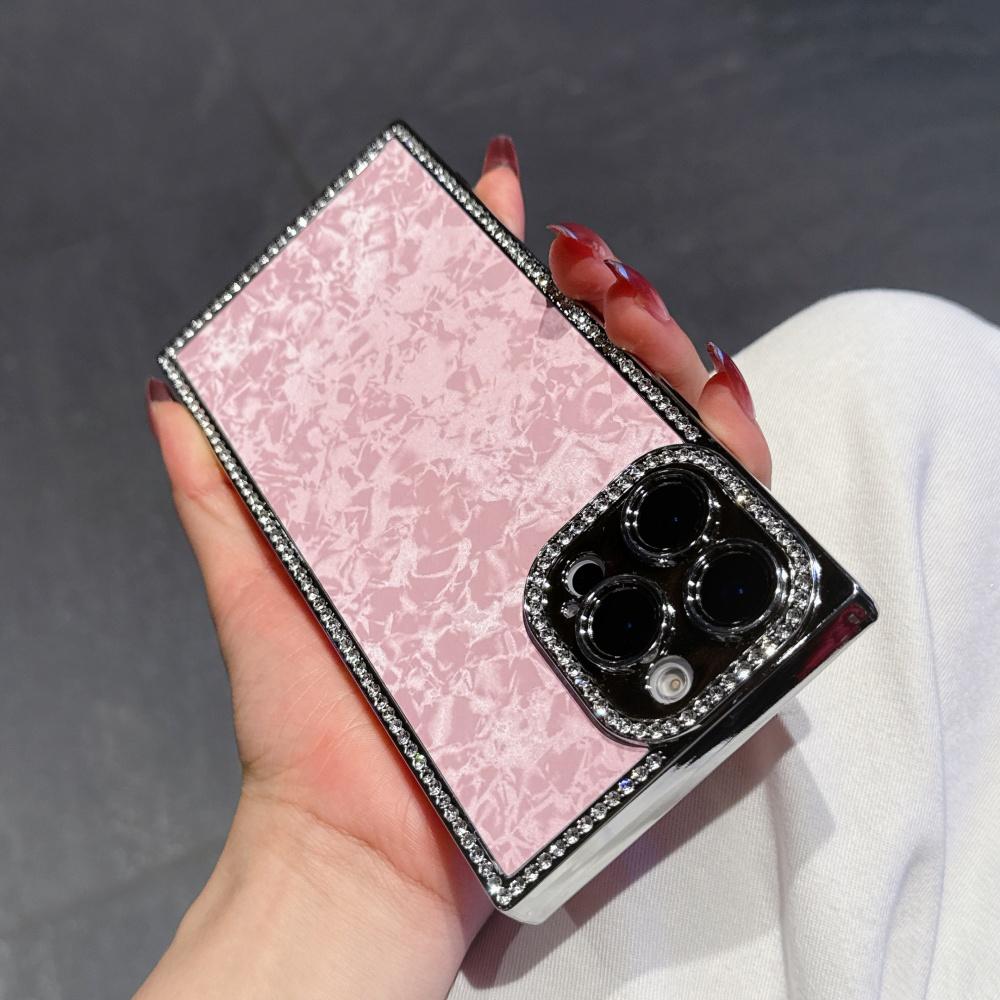 

Luxury Diamond Aurora Shell Pattern Straight Edge Case For iPhone 16 15 14 13 Pro Max Plus Plating Armor Aesthetic Bling Cover For iPhone 15