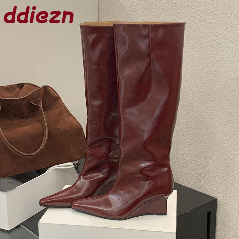 Fashion Fashion Pointed Toe Modern Ladies Knee High Boots With Wedges Shoes Female Slip On Footwear Women Long Boots Heeled Shoes Pumps