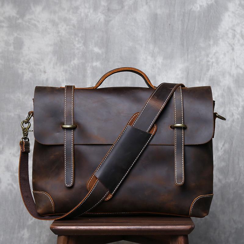 Men's Retro Genuine Leather Crossbody Messenger Bag - Handmade Crazy Horse Cowhide Briefcase
