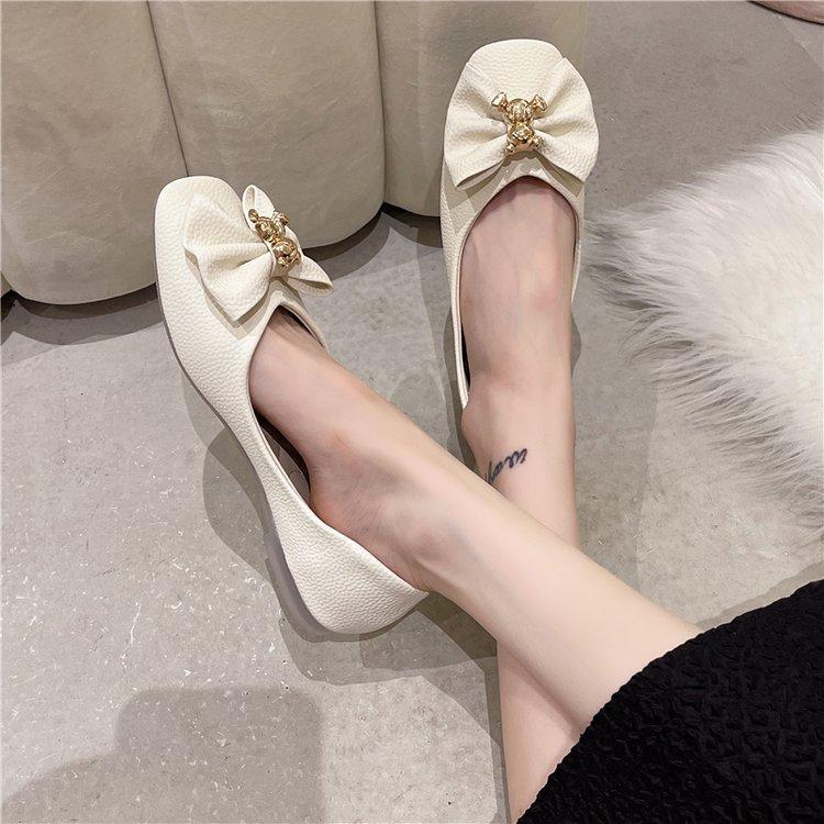 Summer New Square Head Shallow Mouth Shoes Bow Bear Metal Buckle Soft Sole Shoes Flat Shoes
