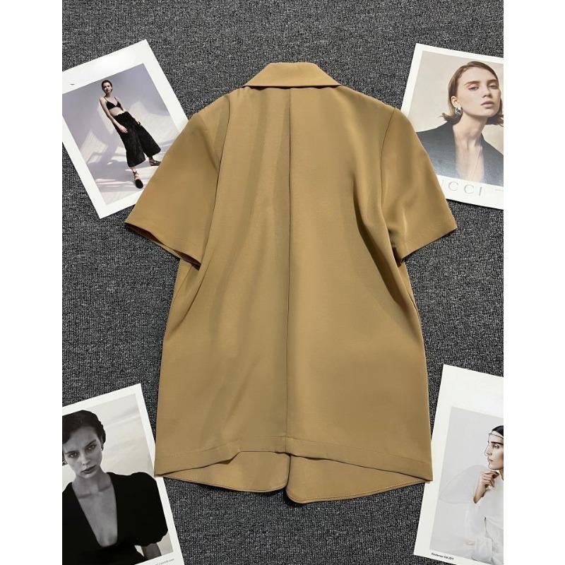 Jachetă de costum cu mânecă scurtă, la modă, de culoare solidă, pentru femei, secțiune subțire de vară, statură mică, concepută pentru stil, kaki fermecător